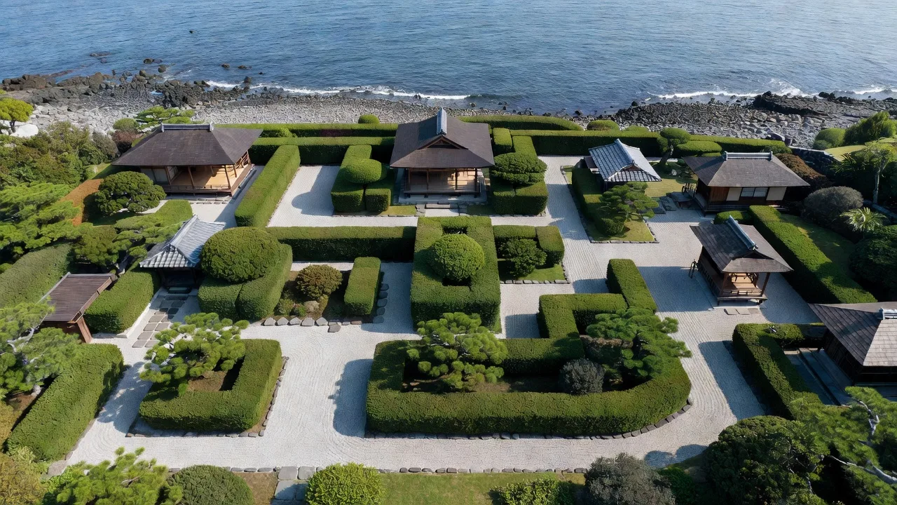 海辺の邸宅と庭園の全景
