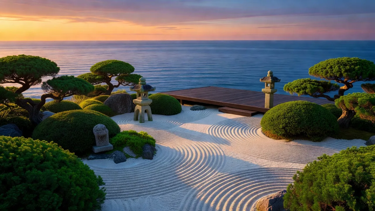 夕暮れの海を望むジュニパーの庭